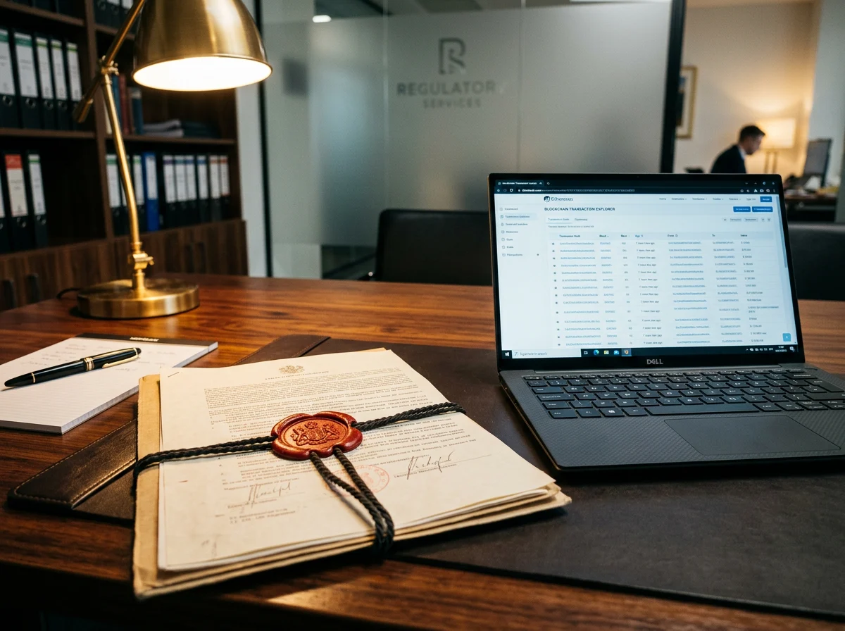 Documento legal con sello oficial junto a un portátil mostrando transacciones blockchain