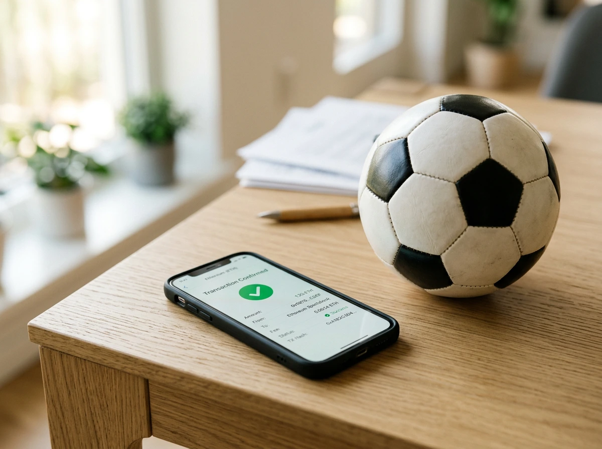 Smartphone mostrando una transacción de Ethereum junto a un balón de fútbol sobre una mesa de madera