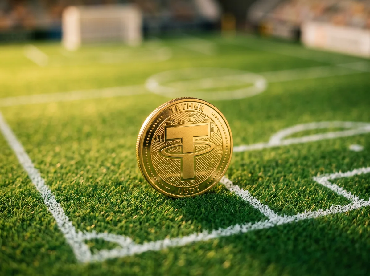 Moneda física de USDT sobre un campo de fútbol verde en miniatura con líneas blancas