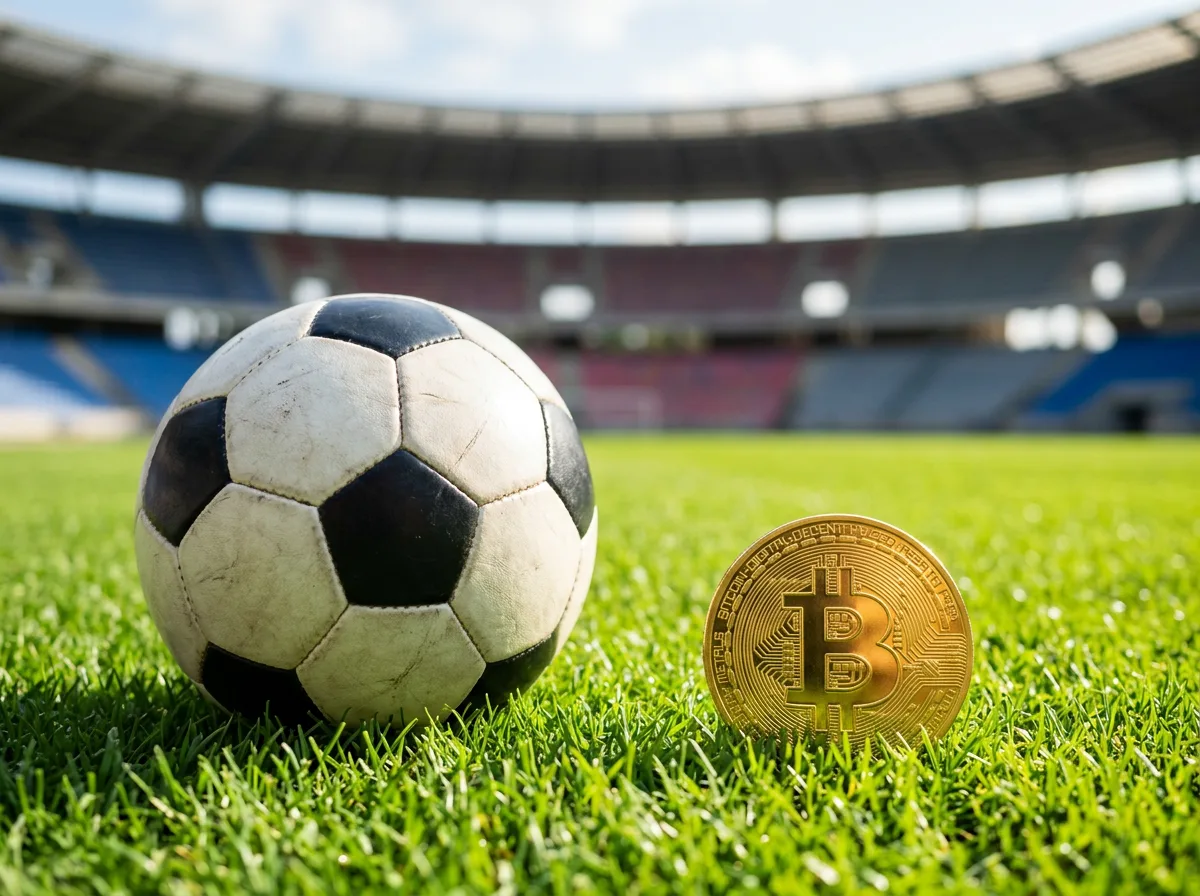 Balón de fútbol sobre césped verde junto a una moneda física de Bitcoin brillante
