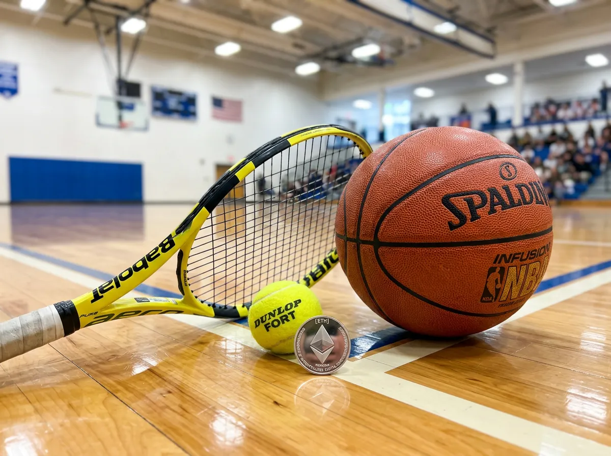 Raqueta de tenis y pelota de baloncesto sobre una superficie deportiva con una moneda de Ethereum