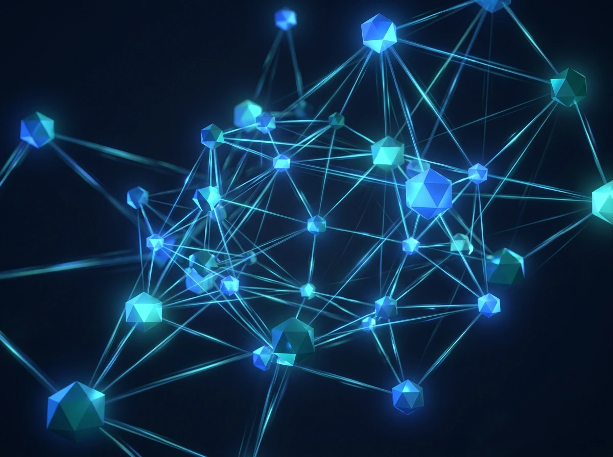 Red de nodos interconectados brillando en azul sobre un fondo oscuro representando una red blockchain