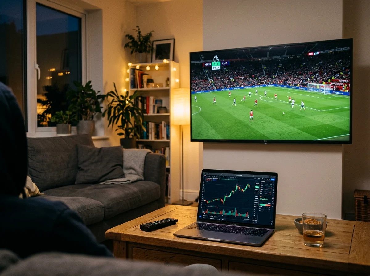 Pantalla de televisión mostrando un partido de fútbol en vivo junto a un portátil con gráficos de Bitcoin