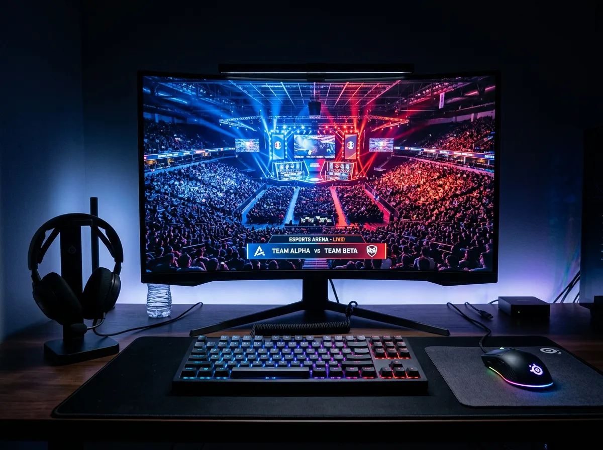 Setup gaming con monitor mostrando un torneo de eSports y auriculares profesionales sobre el escritorio