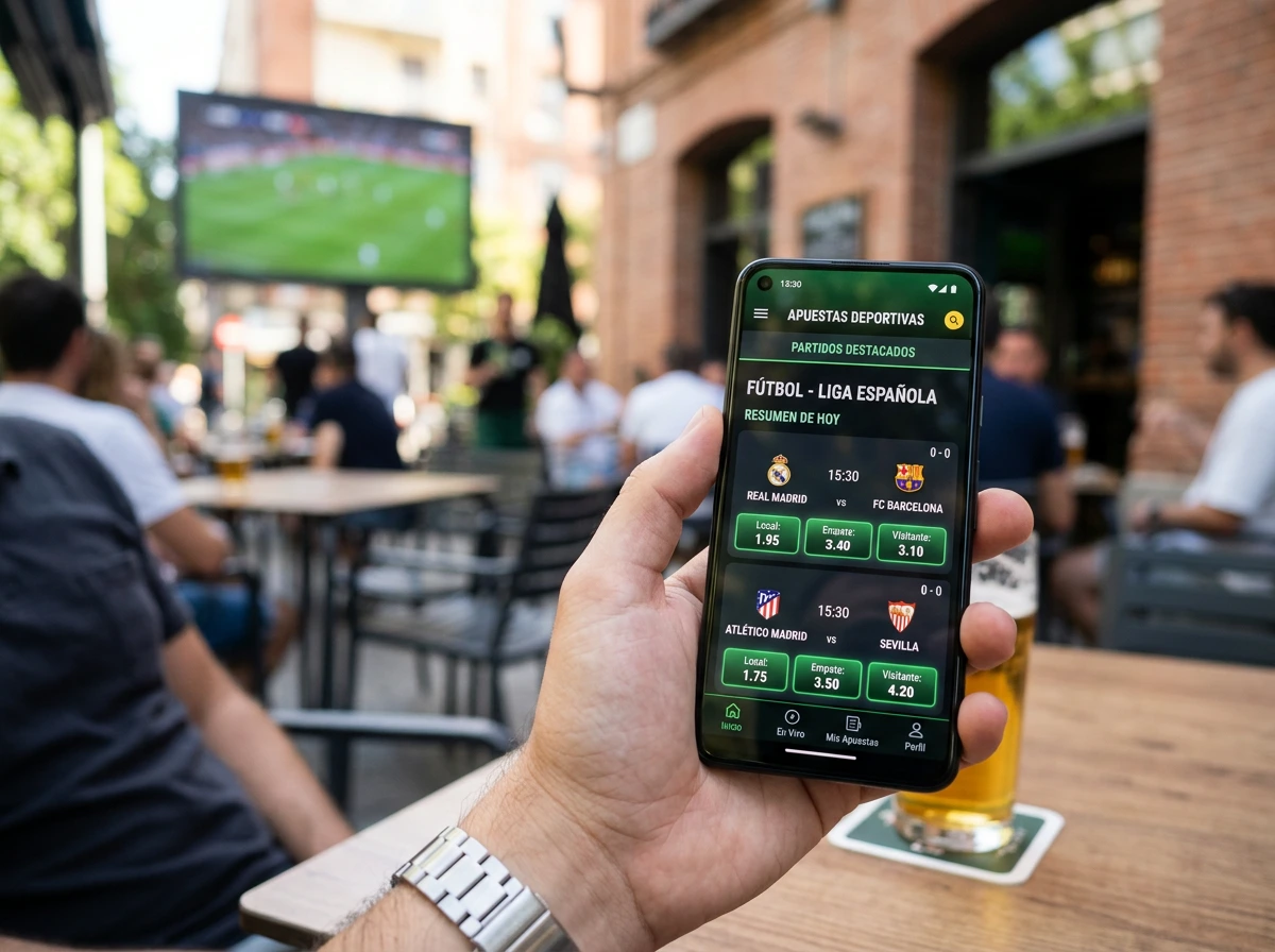 Mano sosteniendo un smartphone con una aplicación de apuestas deportivas en pantalla