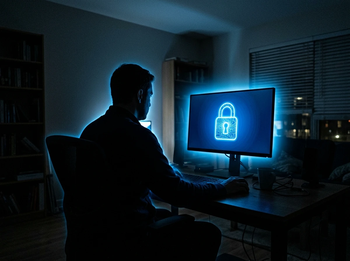 Silueta de una persona frente a una pantalla de ordenador con un icono de candado digital