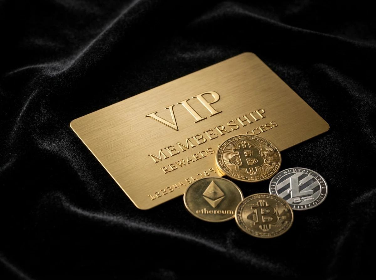 Tarjeta dorada de programa VIP junto a monedas de criptomonedas sobre terciopelo negro