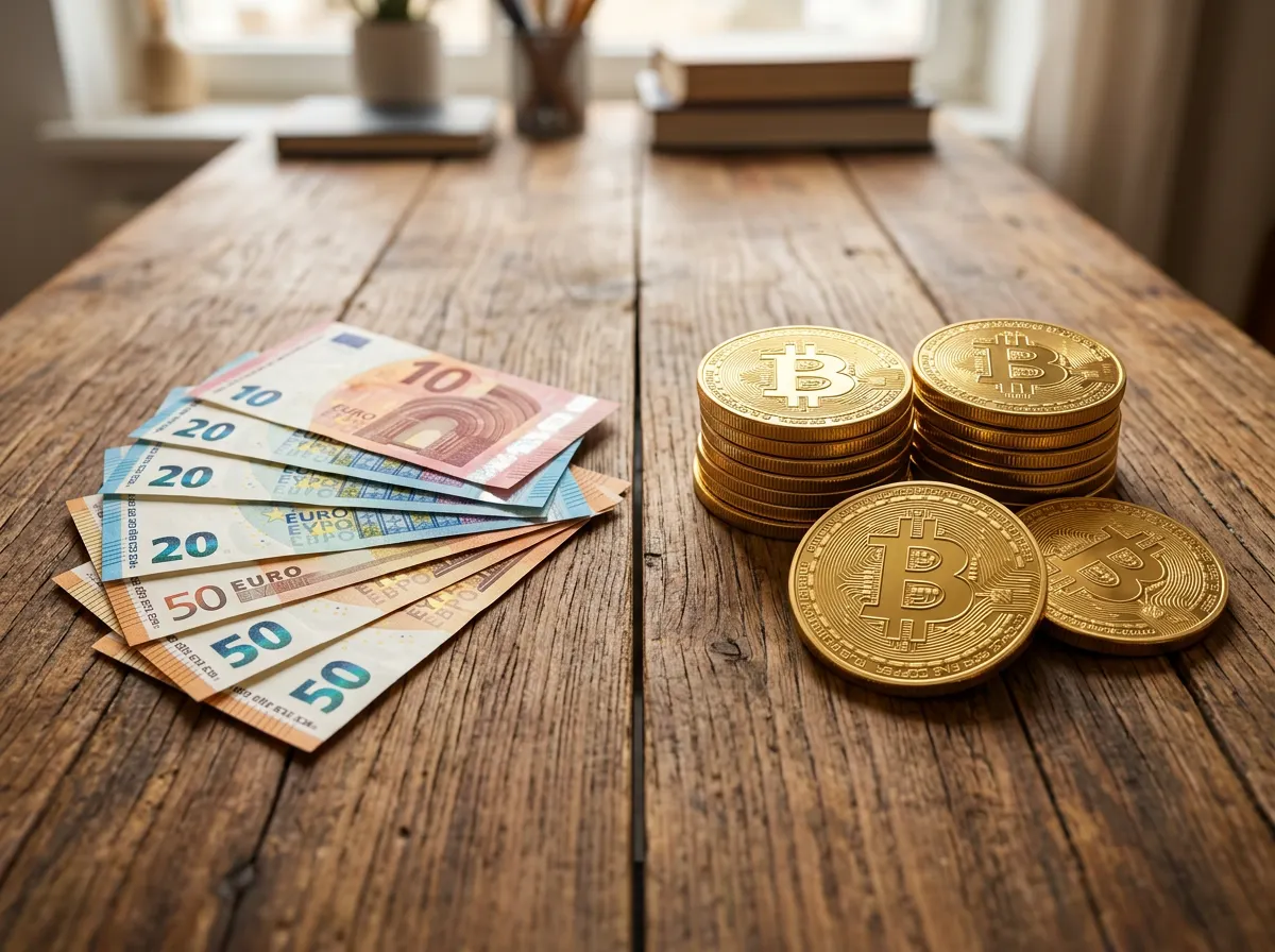 Billetes de euro y monedas de Bitcoin enfrentados sobre una mesa dividida en dos mitades