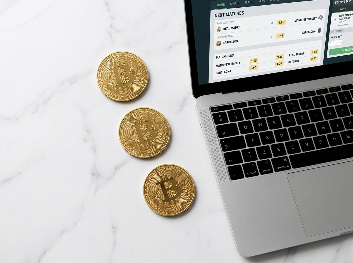 Monedas físicas de Bitcoin, Ethereum y USDT sobre una mesa junto a un portátil con cuotas deportivas