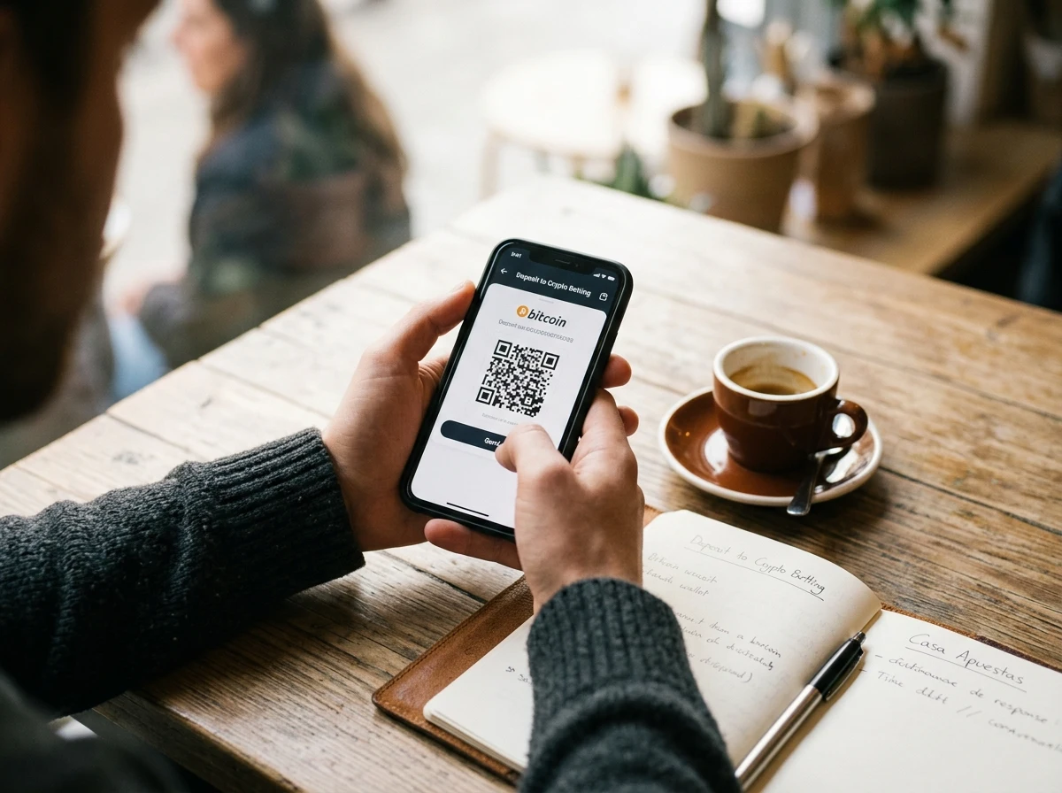 Persona usando un teléfono móvil para enviar bitcoin a una plataforma de apuestas deportivas