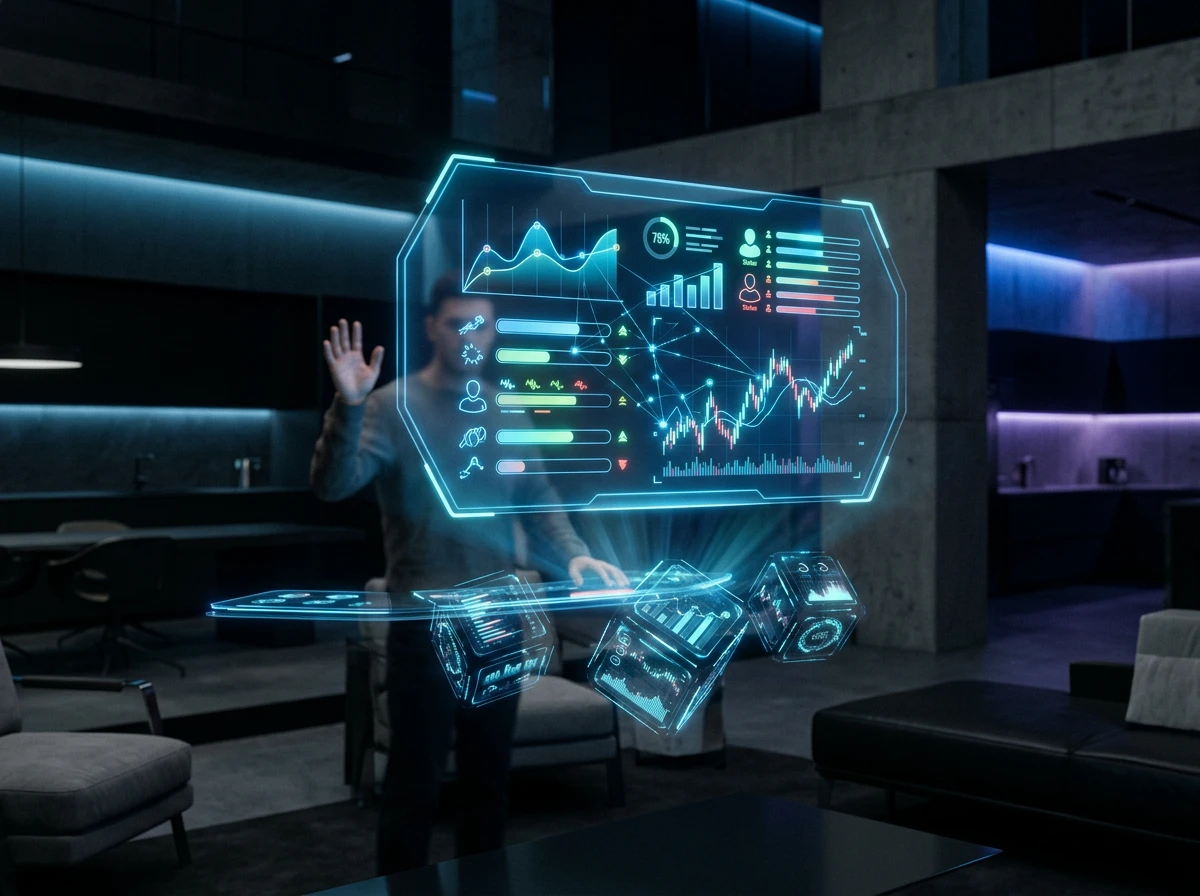 Interfaz futurista holográfica con datos deportivos y gráficos de criptomonedas flotando en el aire