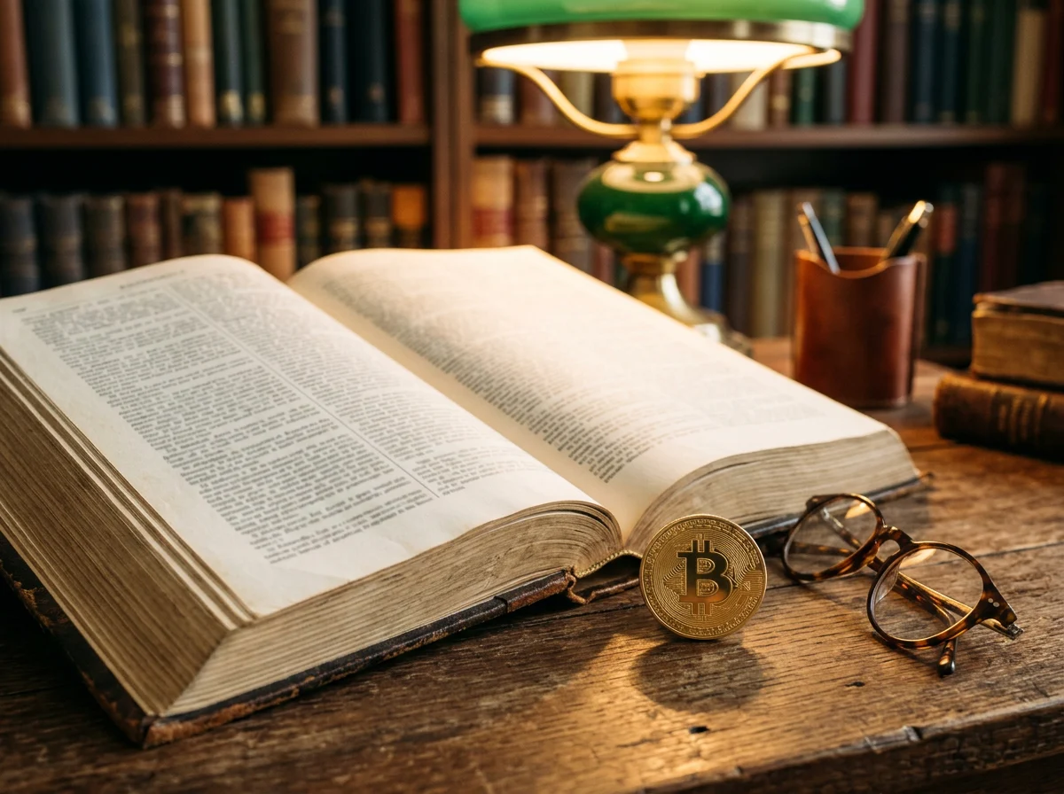 Libro abierto con términos de blockchain y apuestas junto a una moneda de Bitcoin