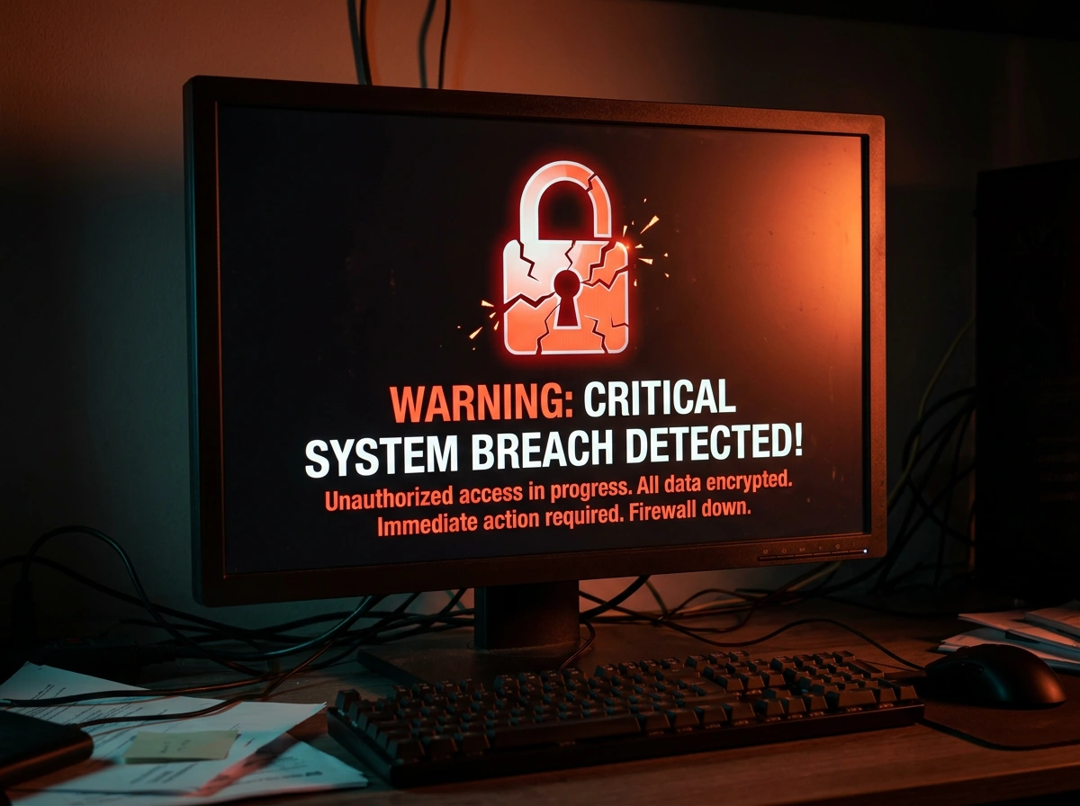 Pantalla de ordenador con código rojo de alerta de seguridad y un candado digital roto