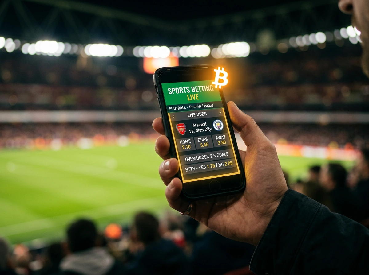 Interfaz de apuestas deportivas con criptomonedas mostrando cuotas y monederos digitales