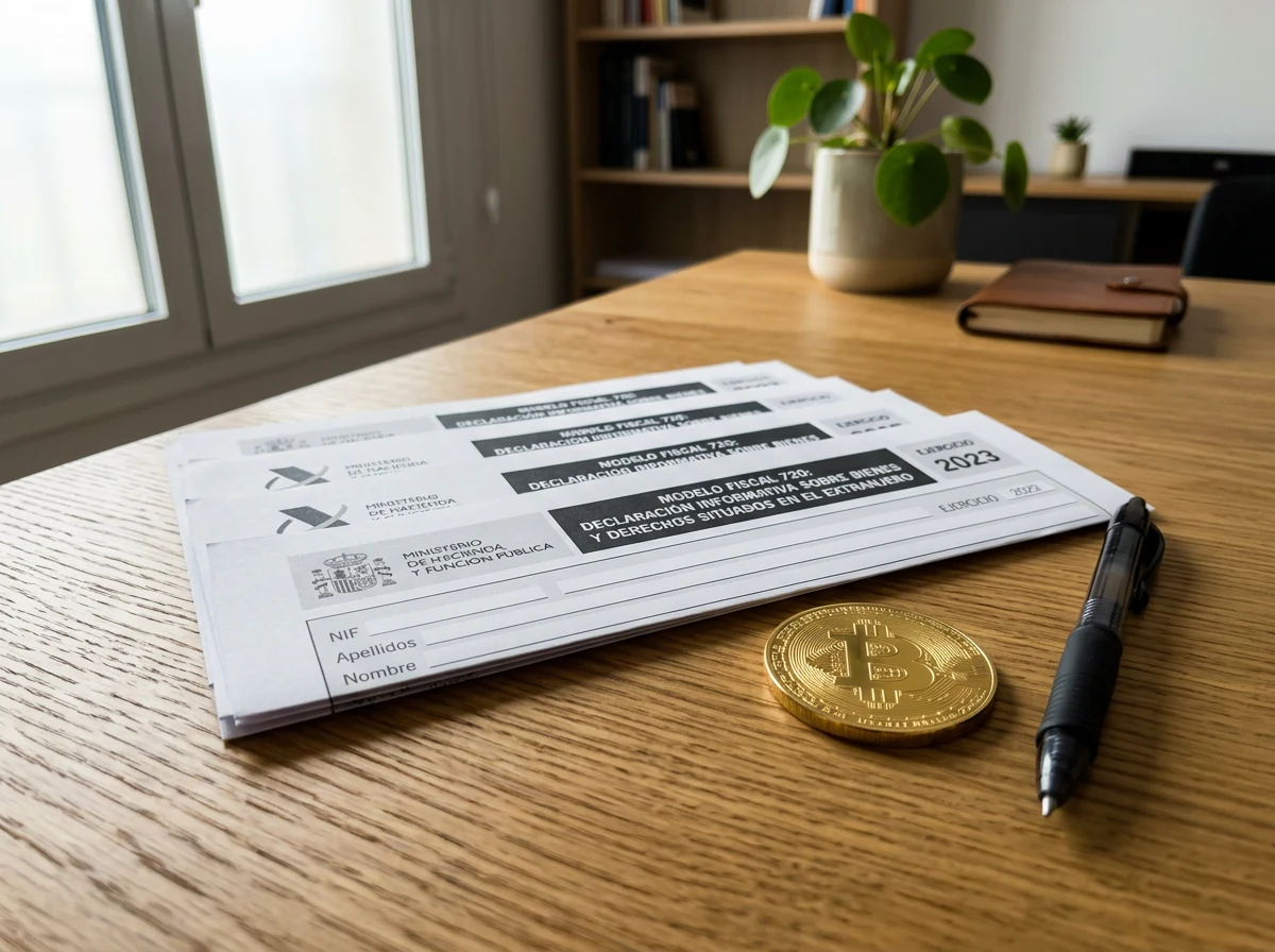 Formulario fiscal español junto a una moneda física de Bitcoin sobre un escritorio de oficina