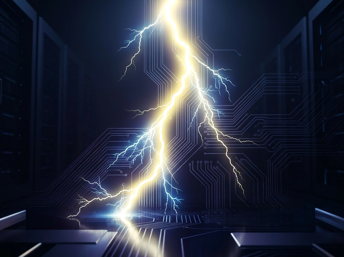 Rayo eléctrico amarillo brillante sobre un fondo de circuito electrónico representando Lightning Network