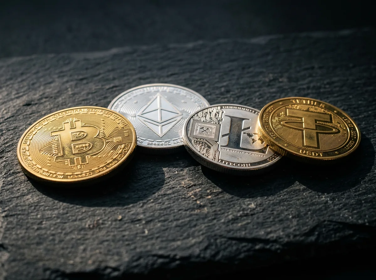 Varias monedas físicas de criptomonedas incluyendo Bitcoin, Ethereum y Litecoin sobre una superficie oscura