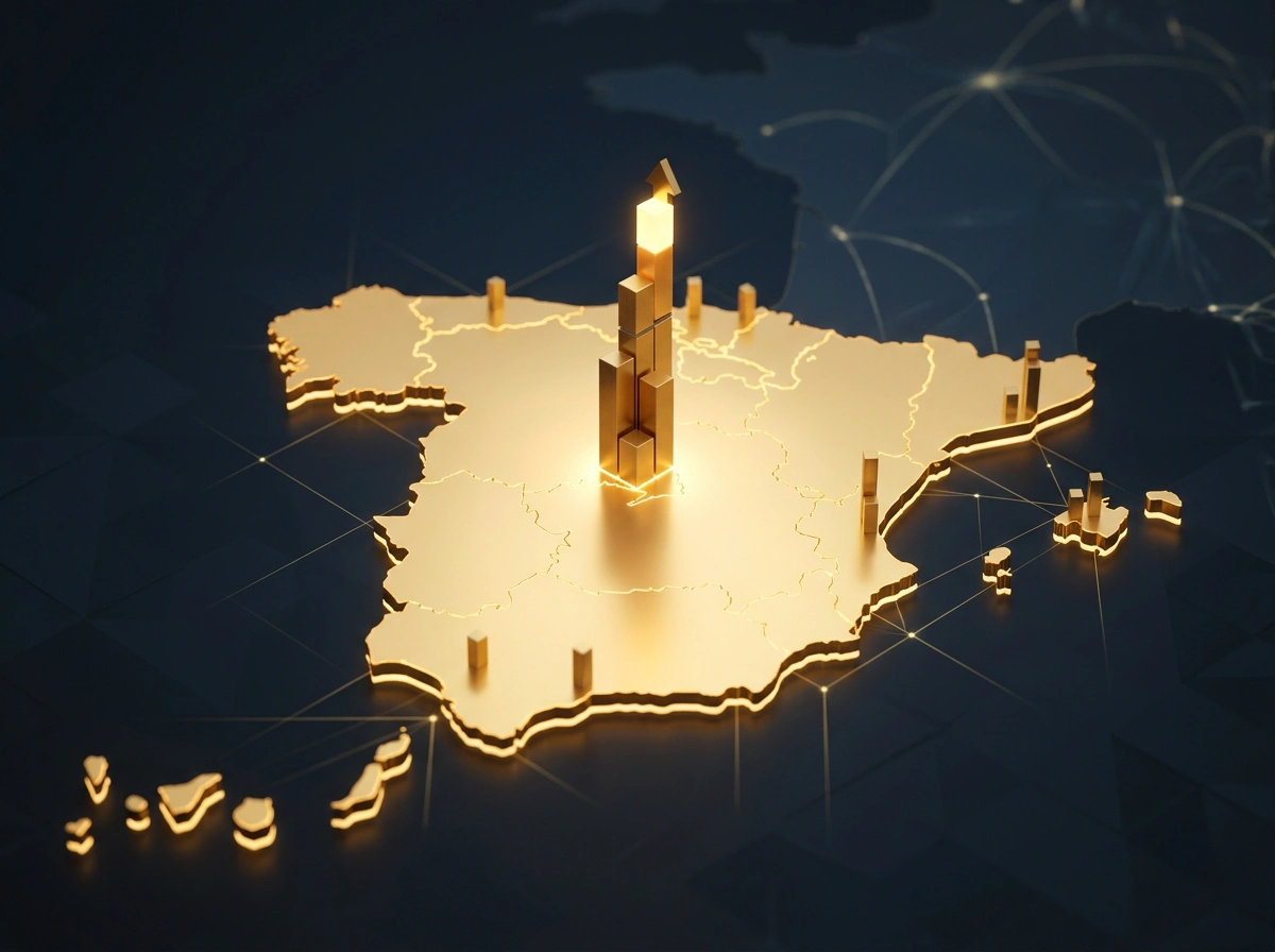 Mapa de España iluminado con gráficos de barras crecientes representando el mercado de apuestas online
