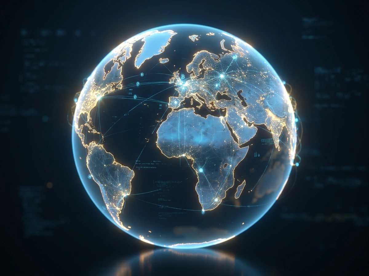 Globo terráqueo iluminado con puntos de conexión brillantes representando el mercado global de cripto gambling