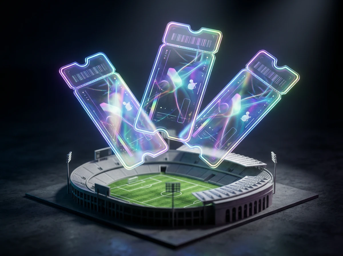 Colección de tickets digitales NFT holográficos flotando sobre un estadio deportivo en miniatura
