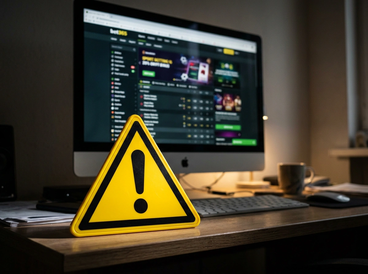 Señal de advertencia triangular amarilla frente a una pantalla de ordenador con una web de apuestas borrosa