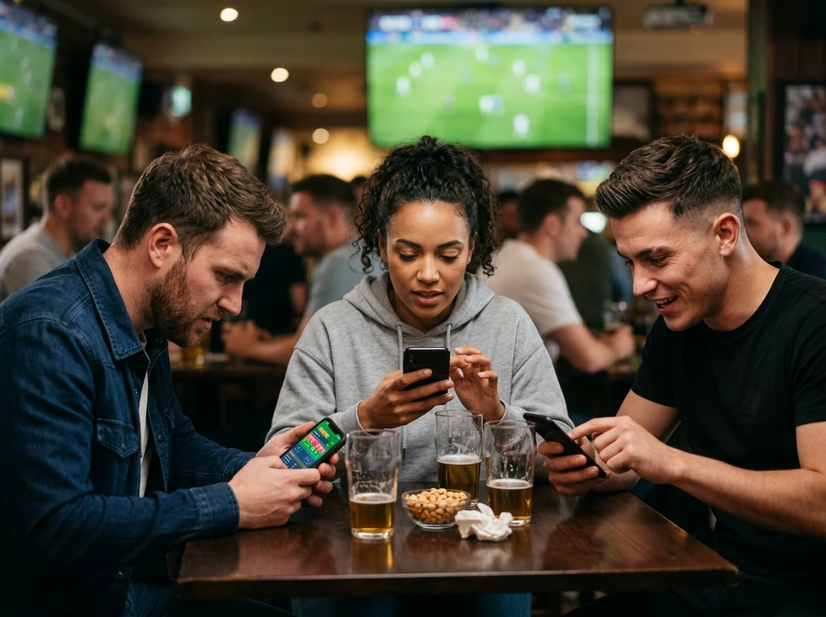 Grupo diverso de personas jóvenes mirando sus smartphones en un bar deportivo