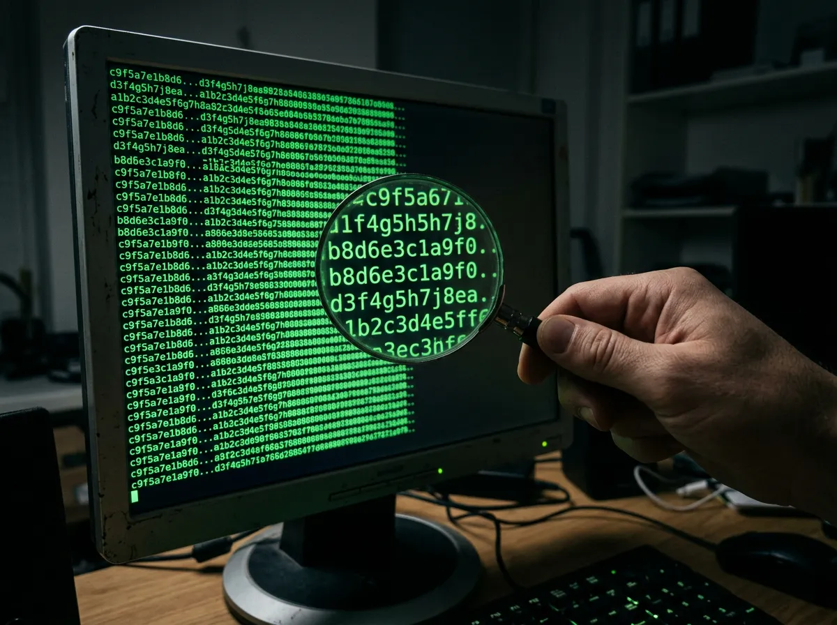 Lupa sobre una pantalla de ordenador mostrando código hash SHA-256 en verde sobre fondo negro