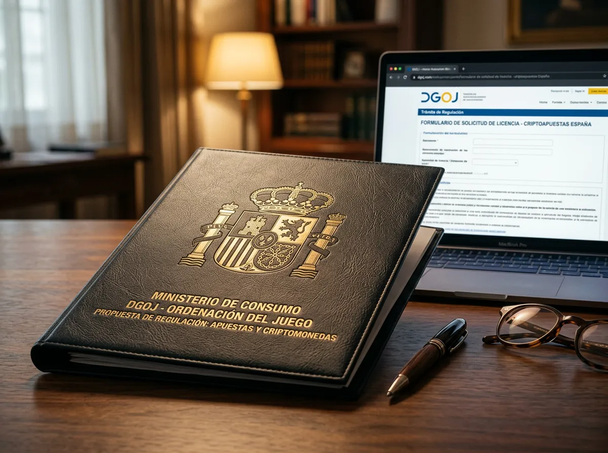 Documento oficial con el escudo de España sobre un escritorio junto a un portátil mostrando una plataforma de apuestas