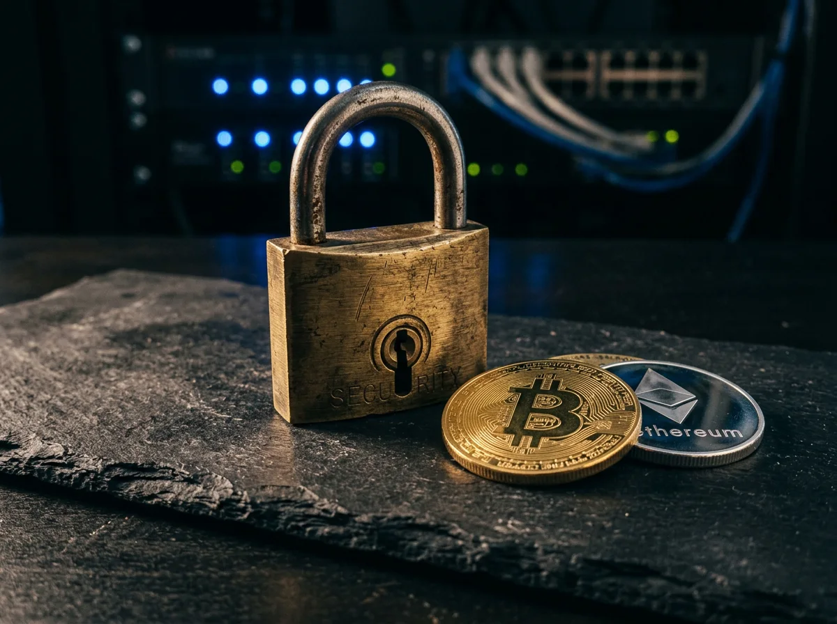 Candado de seguridad digital junto a monedas de criptomonedas sobre un fondo oscuro con código blockchain