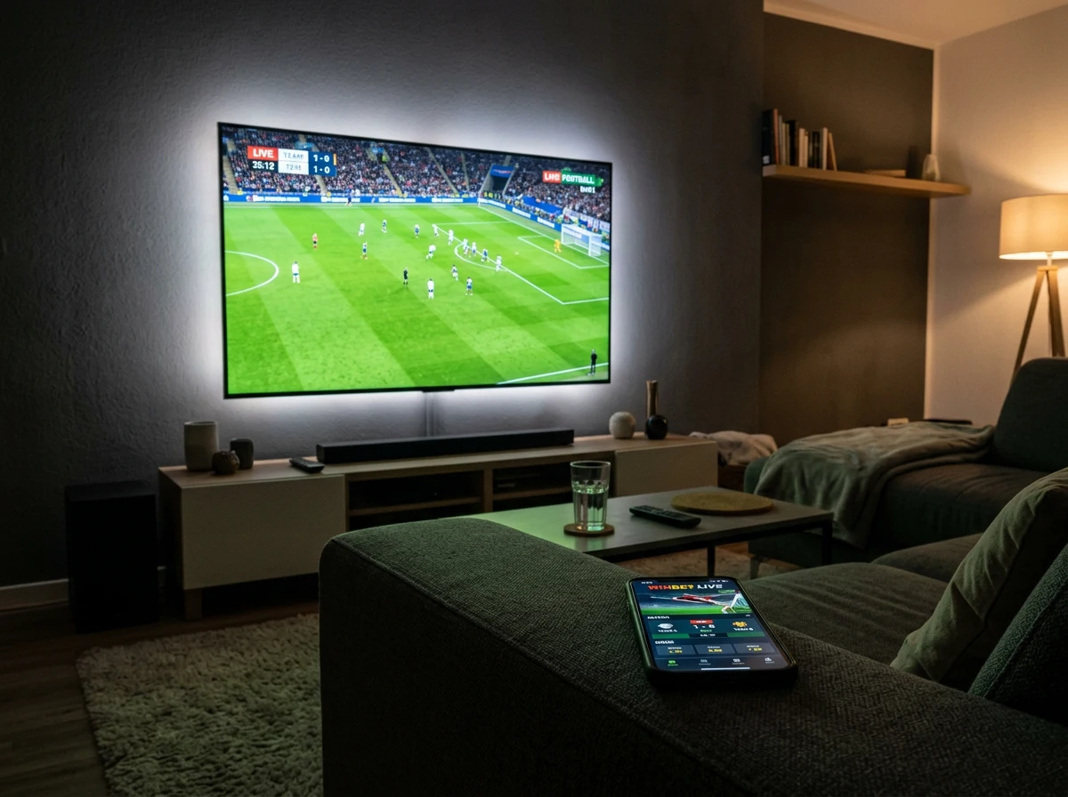 Smart TV mostrando un partido de fútbol en directo con un smartphone con app de apuestas al lado