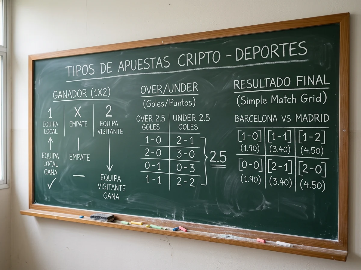 Pizarra con diagramas de tipos de apuestas deportivas como 1X2 y hándicap escritos con tiza