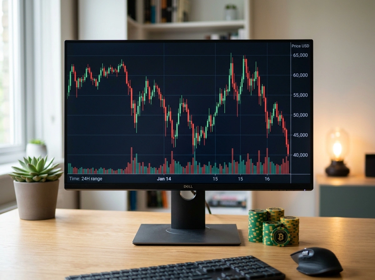 Gráfico de velas de Bitcoin con grandes oscilaciones junto a fichas de apuestas deportivas