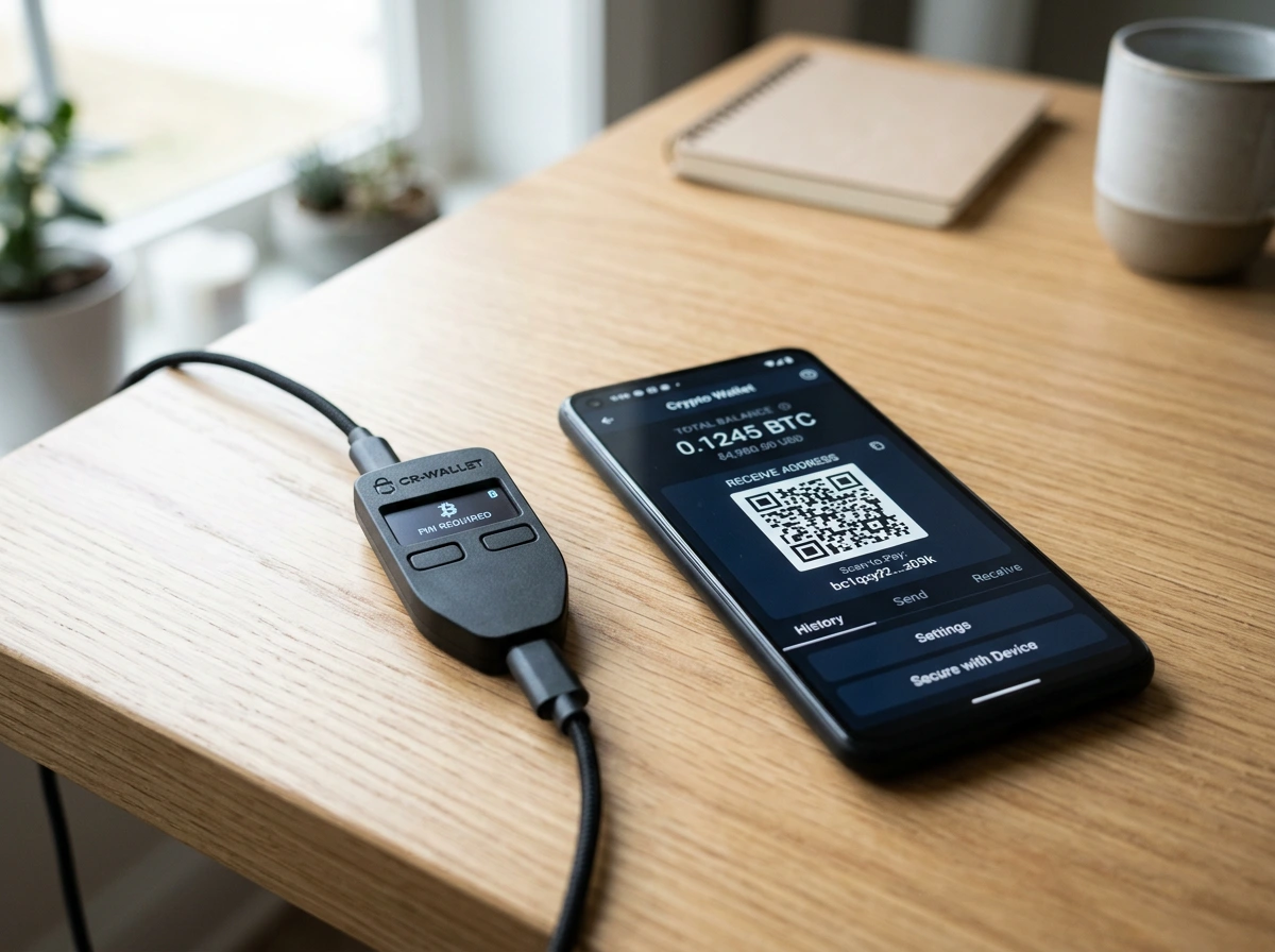 Hardware wallet Ledger junto a un smartphone mostrando una aplicación de billetera cripto